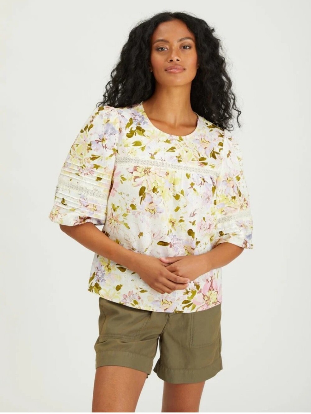 Sanctuary Floral Puff Sleeve Boho Blouse - Pastel Lace Trim Peasant Top - Size M